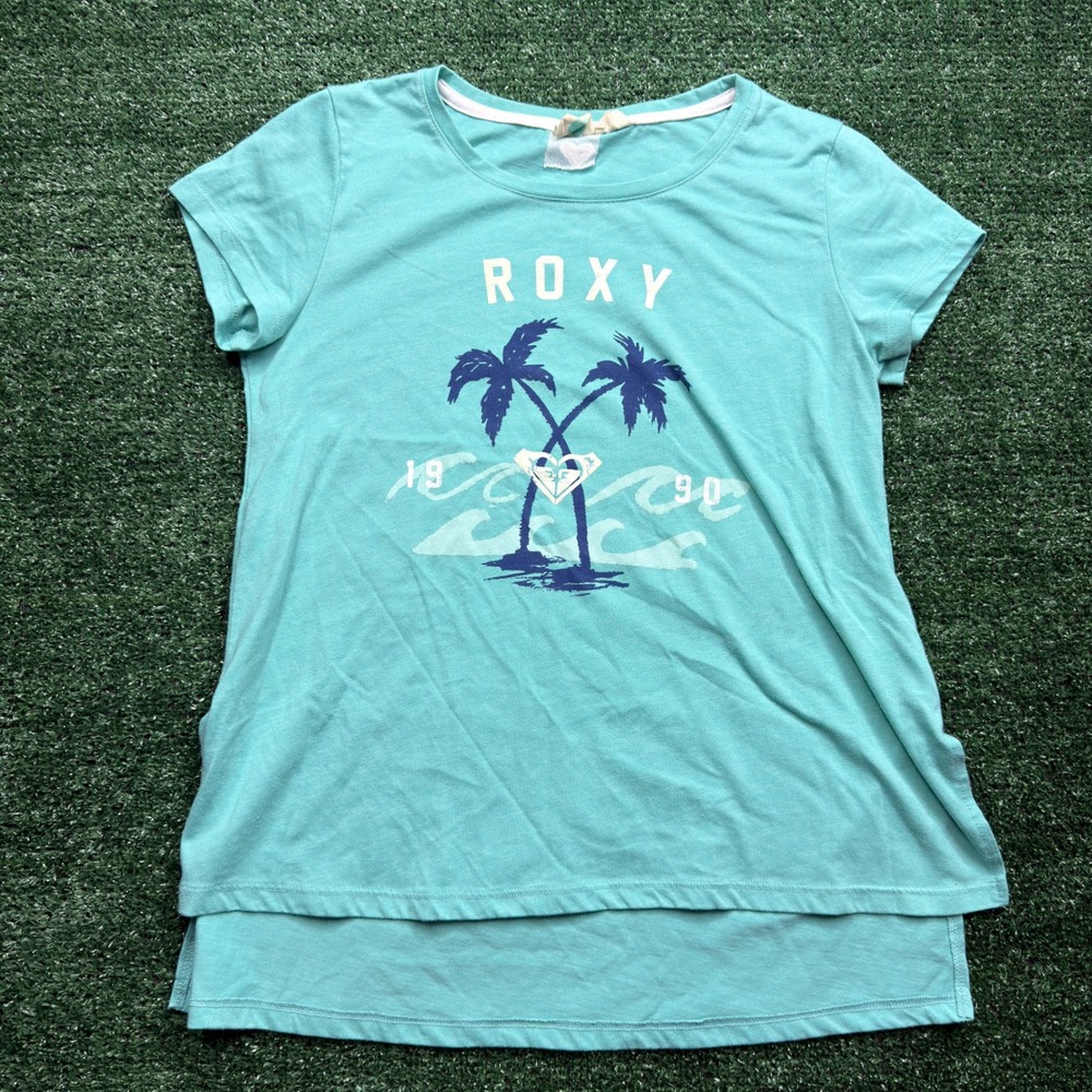 Roxy Girl Turquoise Blue Palm Tree Graphic High Low Surf T-Shirt Size XS 14/16